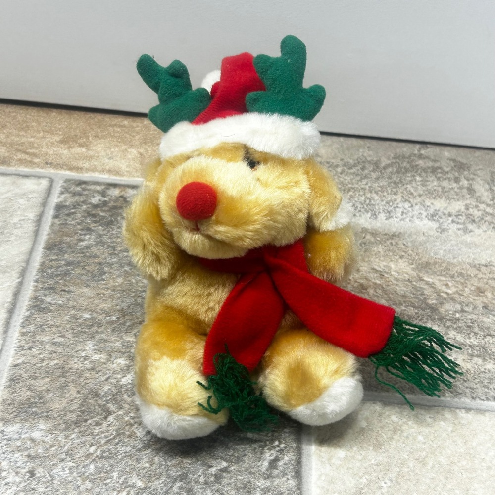 Penn-Plax Christmas Reindeer Dog Plush Yellow Stuffed Animal Santa Hat Scarf 7in